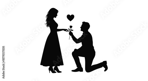 A romantic proposal scene depicting a kneeling man offering a rose to a woman silhouette