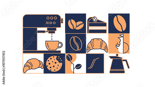 A collection of illustrations depicting coffee, pastries, and related items arranged in a grid.