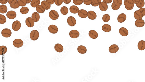 A scattering of roasted coffee beans falling from the top of the frame against a white background.