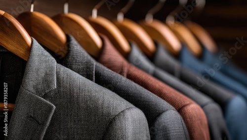 A row of tailored jackets on wooden hangers in a closet