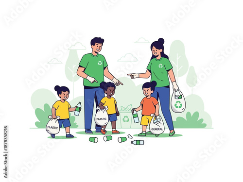 Family collecting trash together in the park with green recycling bags from a community event