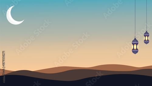 Desert Night with Crescent Moon and Lanterns for Eid, Ramadan and Islamic design. 