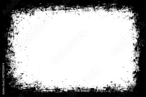grunge texture frame with rough, distressed black edges surrounding a large blank white center. The border appears worn, splattered, and scratched, resembling ink smudges, paint erosion, and vintage.