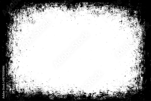 grunge texture frame with rough, distressed black edges surrounding a large blank white center. The border appears worn, splattered, and scratched, resembling ink smudges, paint erosion, and vintage.