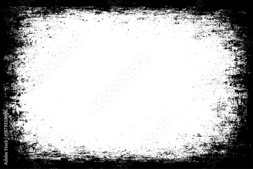 grunge texture frame with rough, distressed black edges surrounding a large blank white center. The border appears worn, splattered, and scratched, resembling ink smudges, paint erosion, and vintage.