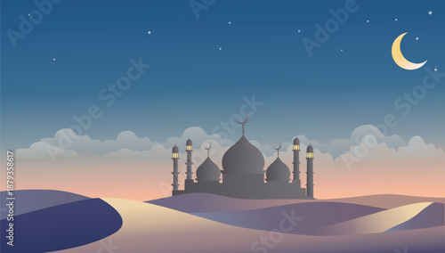 Serene Desert Night with Mosque and Crescent Moon for Eid, Ramadan and Islamic design. 