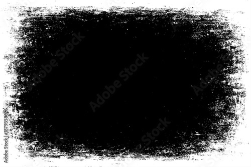 grunge texture frame with rough, distressed black edges surrounding a large blank white center. The border appears worn, splattered, and scratched, resembling ink smudges, paint erosion, and vintage.