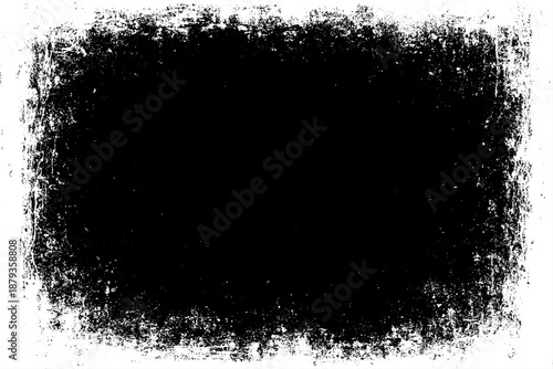 grunge texture frame with rough, distressed black edges surrounding a large blank white center. The border appears worn, splattered, and scratched, resembling ink smudges, paint erosion, and vintage.