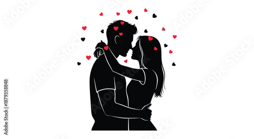 A romantic couple embracing tenderly surrounded by floating hearts captured in a striking black silhouette