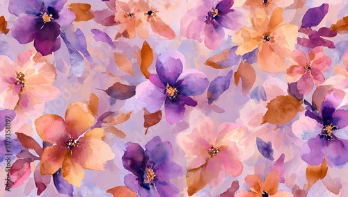 Soft watercolor floral pattern with pink, purple, and orange blossoms