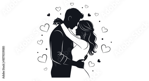 A romantic couple embracing tenderly surrounded by delicate hearts presented as a striking silhouette