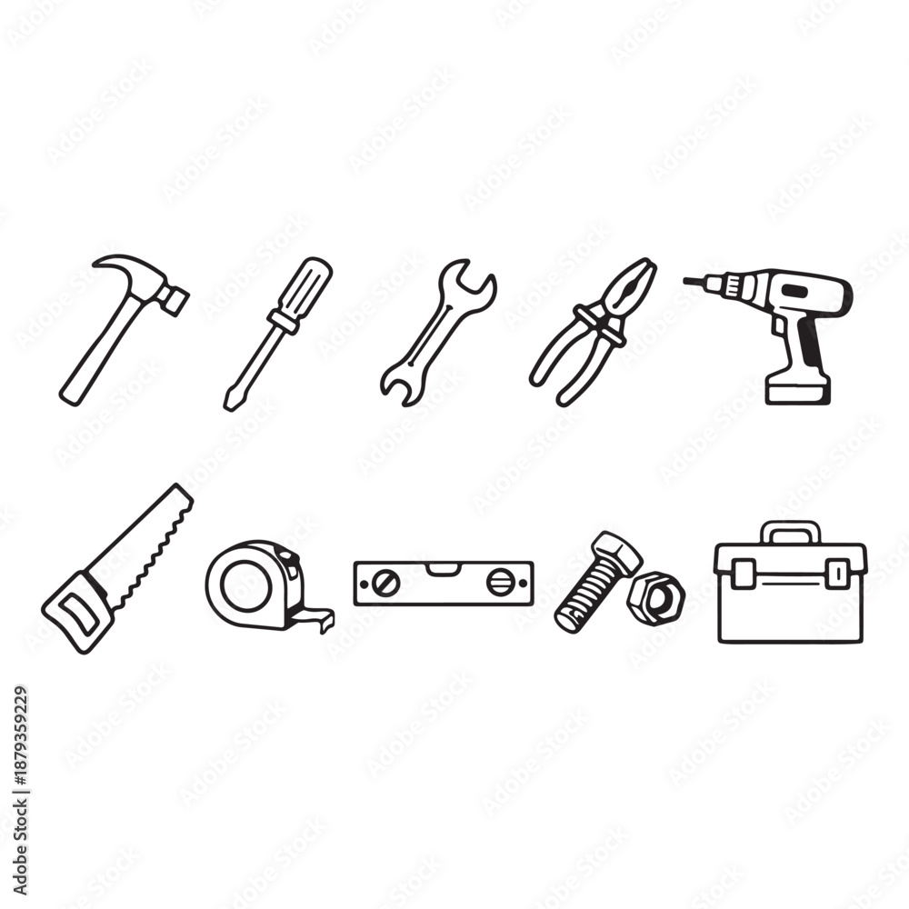 Fototapeta premium Various construction and repair hardware tools outline icons collection