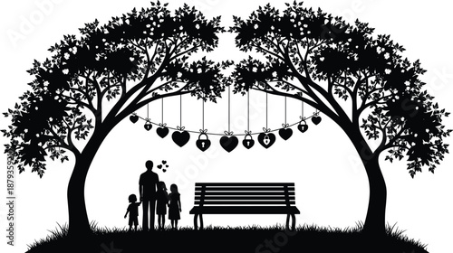 Family silhouette under love trees with hanging heart locks in park scene, romantic nature illustration symbolizing togetherness, relationships, memories and family bonding concept art design