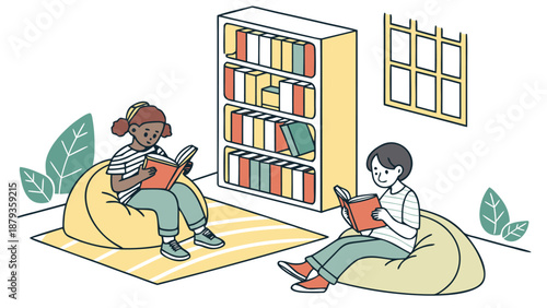 Two children reading books on bean bags in cozy library