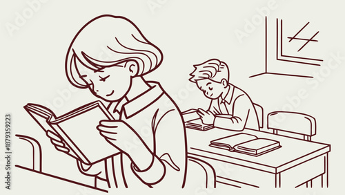 Students reading books in classroom setting attentively