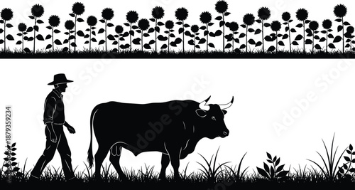Farmer walking with ox silhouette in rural countryside landscape illustration, traditional agriculture farming scene, village life concept, nature background isolated on white