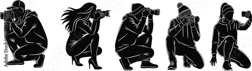 Black silhouette collection of photographers in crouching poses using professional cameras and smartphones for creative media and digital photography projects.
