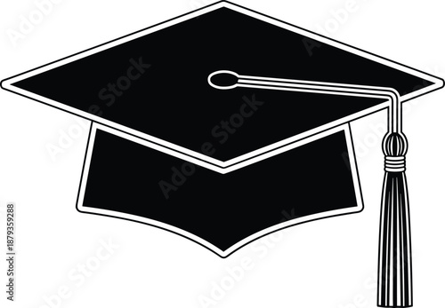 Black silhouette icon of a graduation cap mortarboard with tassel for academic achievement, university commencement, student success, and educational celebration.