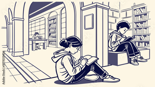 Children reading books in a modern library setting