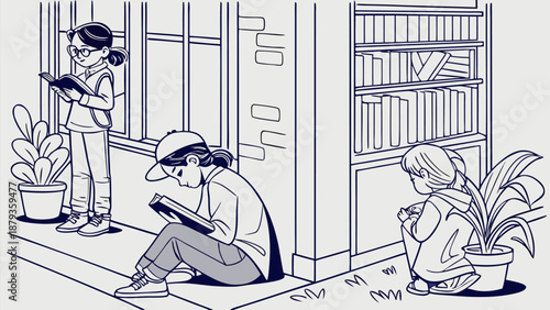 Children reading books in a cozy library setting