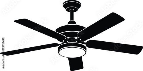 Black silhouette icon of a modern five blade ceiling fan with integrated light fixture for home cooling and interior lighting.