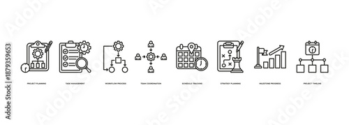 Project Management Plan Banner Illustration Featuring Project Planning, Task Management, Workflow Process, Team Coordination, Schedule Tracking, Strategy Planning, Milestone Progress, and Project Time