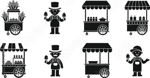 Set of black silhouette street food cart icons with corn stalls and ice cream vendors isolated on white background for summer fair festival events