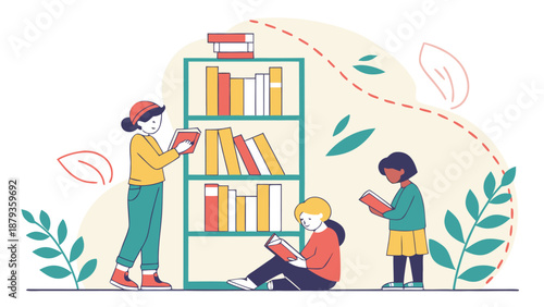 Diverse group of people reading books together in cozy library setting