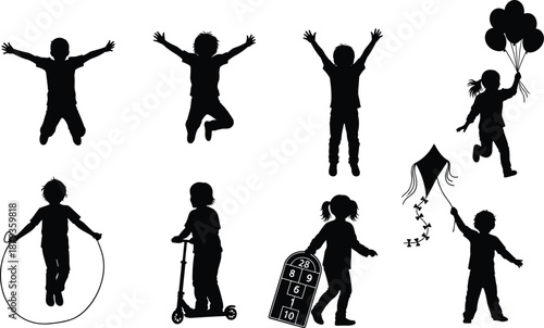 Happy diverse children silhouettes playing jumping skipping rope riding scooter and flying kite isolated on white background for childhood and summer vacation concepts.