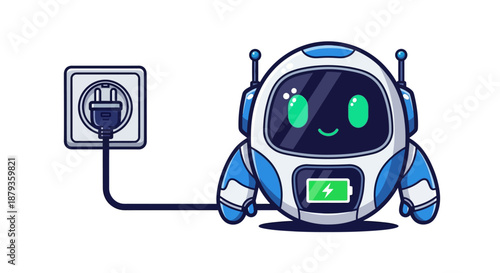 Cute Cartoon Robot Character Being Charged with Power