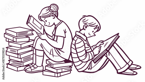 Children engrossed in reading books together quietly