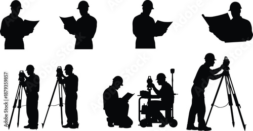 Professional land surveyor and civil engineer silhouettes working with total station geodetic equipment and architectural blueprints isolated on white background for construction and industry projects
