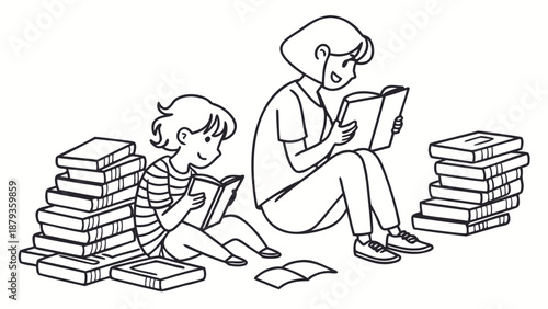 Happy children reading books together in a cozy setting