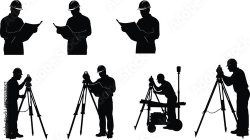 Professional land surveyor and engineer silhouettes working with total station theodolite equipment and blueprints isolated on white background for construction and civil engineering projects.