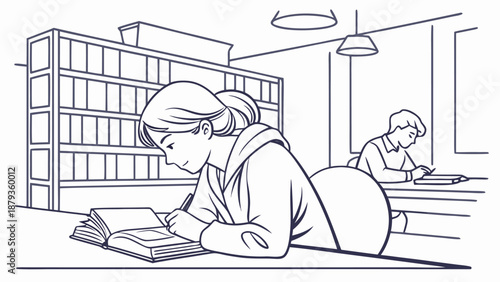 Woman studying intently at desk in modern library with books