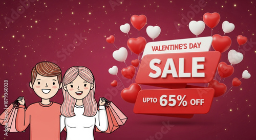 "Valentine's Day Sale" vector banner template. Store discount promotion illustration featuring a happy couple shopping and heart elements. Valentine's day upto 65% sale banner and poster.