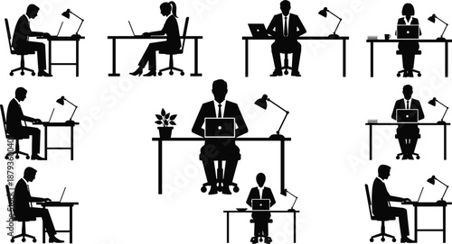 Set of Professional Business Person Silhouettes Working at Office Desks with Laptops and Lamps for Corporate Workplace Branding, Remote Work, and Management Vector Illustrations