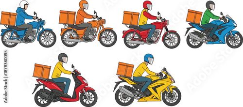 Set of Delivery Man Characters Riding Motorcycles and Scooters with Thermal Boxes for Food Service Branding, Express Logistics Courier, and Transportation Vector Illustrations