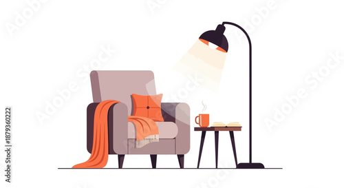 Cozy reading corner with a comfortable armchair, warm blanket, book, and floor lamp.