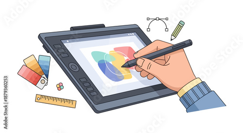 Creative digital artist's hand drawing a colorful abstract design on a graphics tablet.