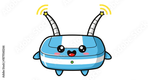 Cute Kawaii Blue Robot with Antennas and Wi-Fi Signals