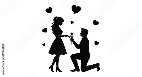 A romantic proposal scene featuring a kneeling man offering a rose to a woman a black silhouette