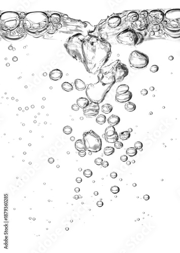 water black bubble white oxygen air isolated on a white background. underwater clear liquid with bubbles flowing up to the water surface. Drop soda air in water.