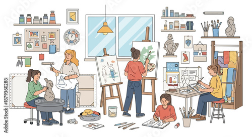 Creative women engaged in painting, sculpting, and digital art in a vibrant studio