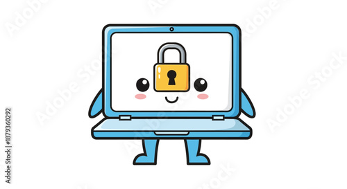 Cute Laptop Character with Security Padlock Icon