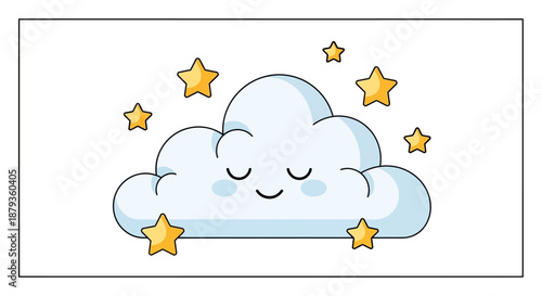 Cute sleeping cartoon cloud character surrounded by golden stars