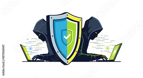 Cyber Security Illustration: Hooded Hackers with Shield and Laptops