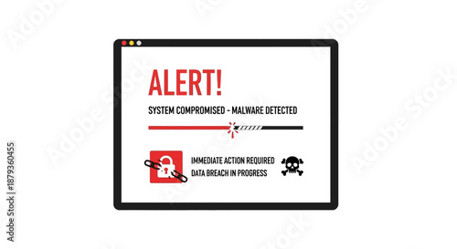 Cybersecurity Alert Screen Displaying Malware Detected and Data Breach Warning with Broken Lock