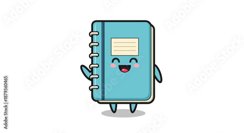 Cute blue spiral notebook character with a happy face waving hello in a kawaii cartoon style.