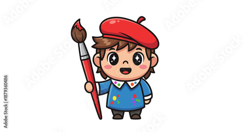 Cute Cartoon Artist Holding Paintbrush and Smiling